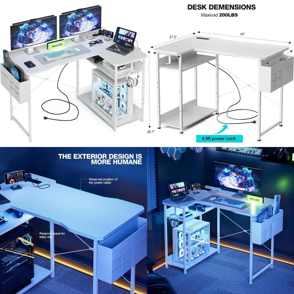 

Игровой стол L-образной формы 40 дюймов с розетками, двусторонними полками, местом для хранения, белый, для домашнего офиса и ПК-гейминга