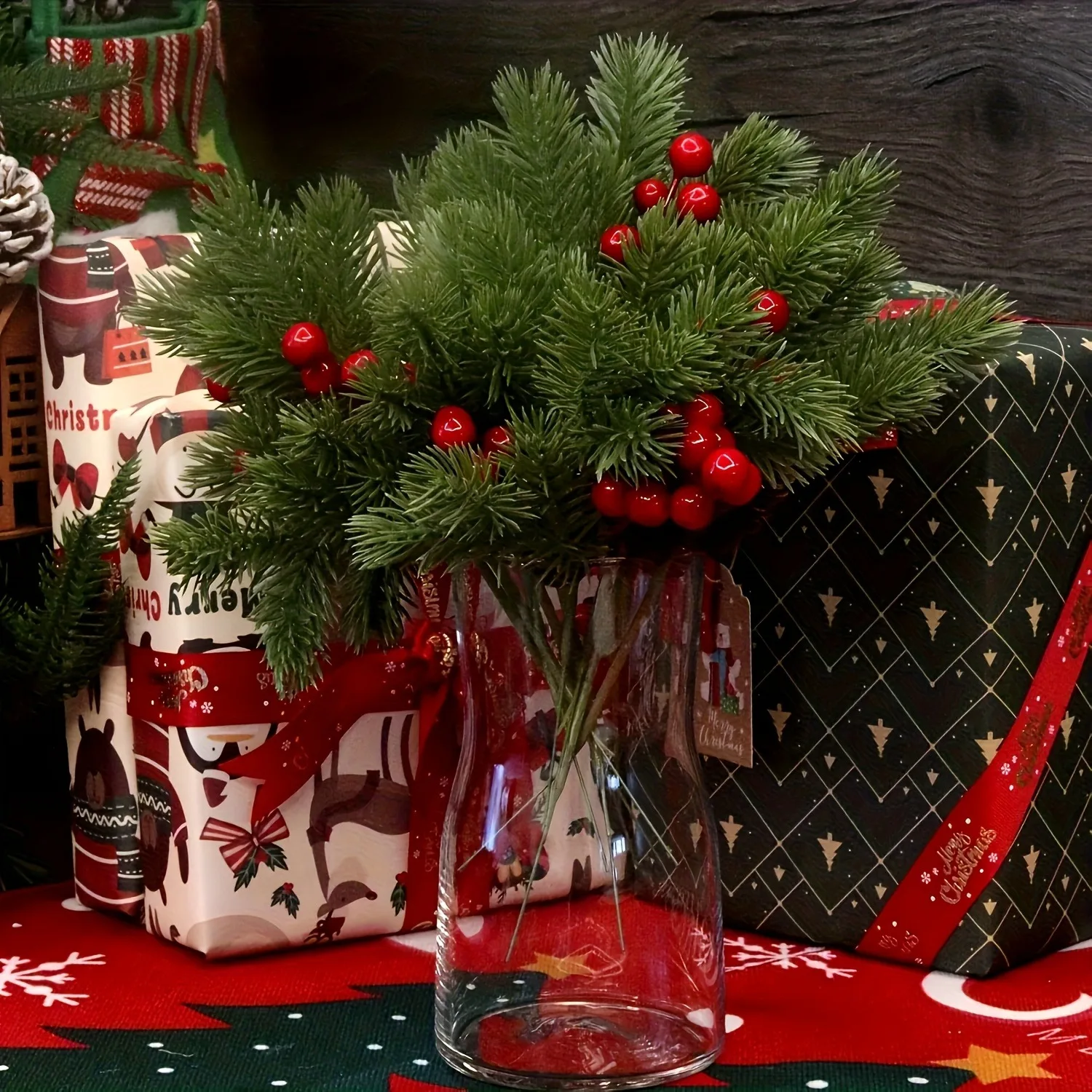 60 Stück künstliche Tannennadeln, Beerenstrauß, Weihnachtsdekoration, Weihnachtsbaumschmuck für Heimdekoration, Neujahr 2026 Zubehör – Detail 7