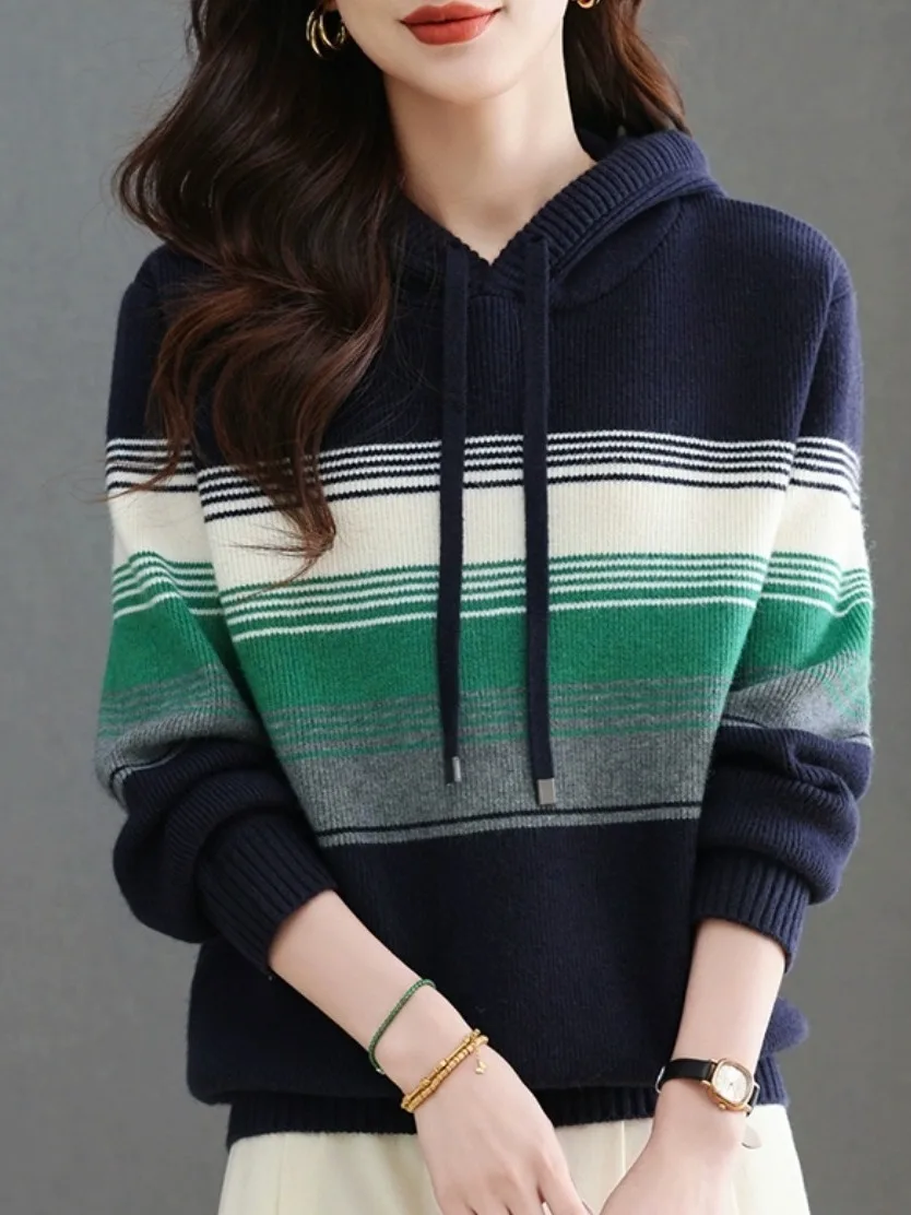 Pull en laine à rayures décontracté, grande taille, confortable, doux, haut tricoté, haut de gamme, européen pour femmes