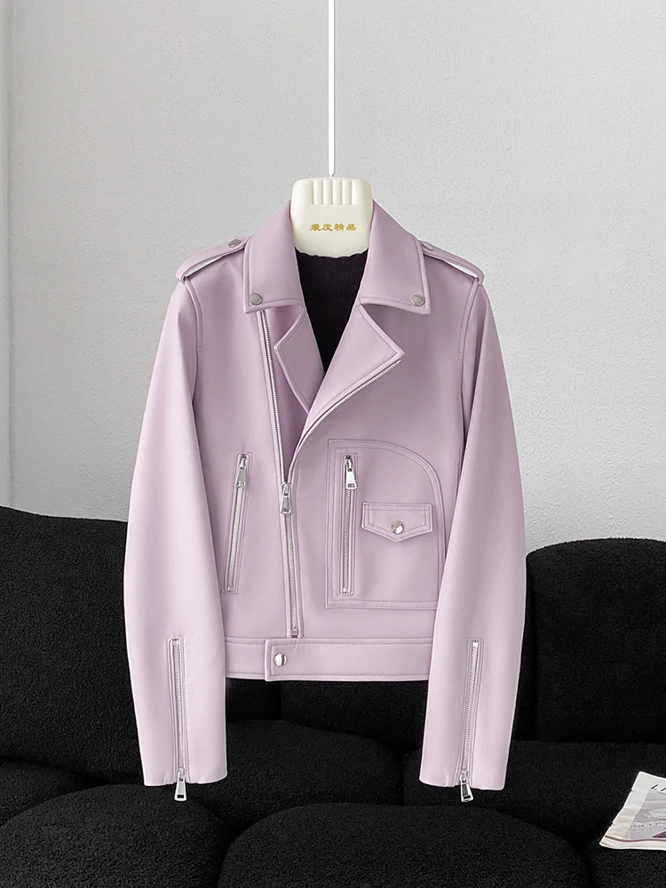 Women Leather Jacket Short Spring Trendy Handsome Motor Biker Genuine Sheepskin Zipper Pockets Coat Plus Size