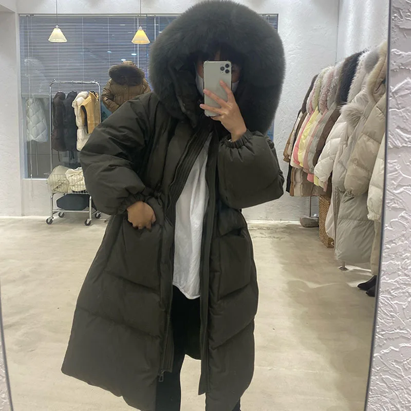 New Winter Snow Long Jacket Women Large Natural Fur Collar Hooded Parkas 90% White Duck Down Coat Thick Warm Outwear