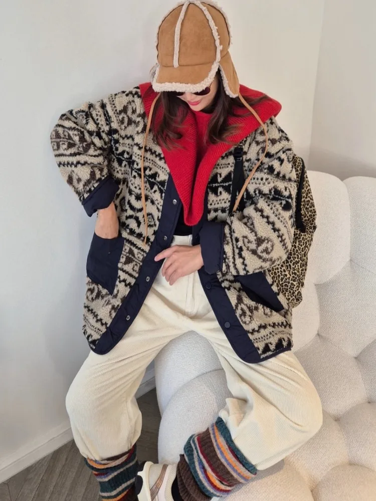 

Женское зимнее пальто из овечьей шерсти с узором Fair Isle в стиле ретро, свободного кроя, двустороннее, из хлопка, для повседневной носки, с длинными рукавами