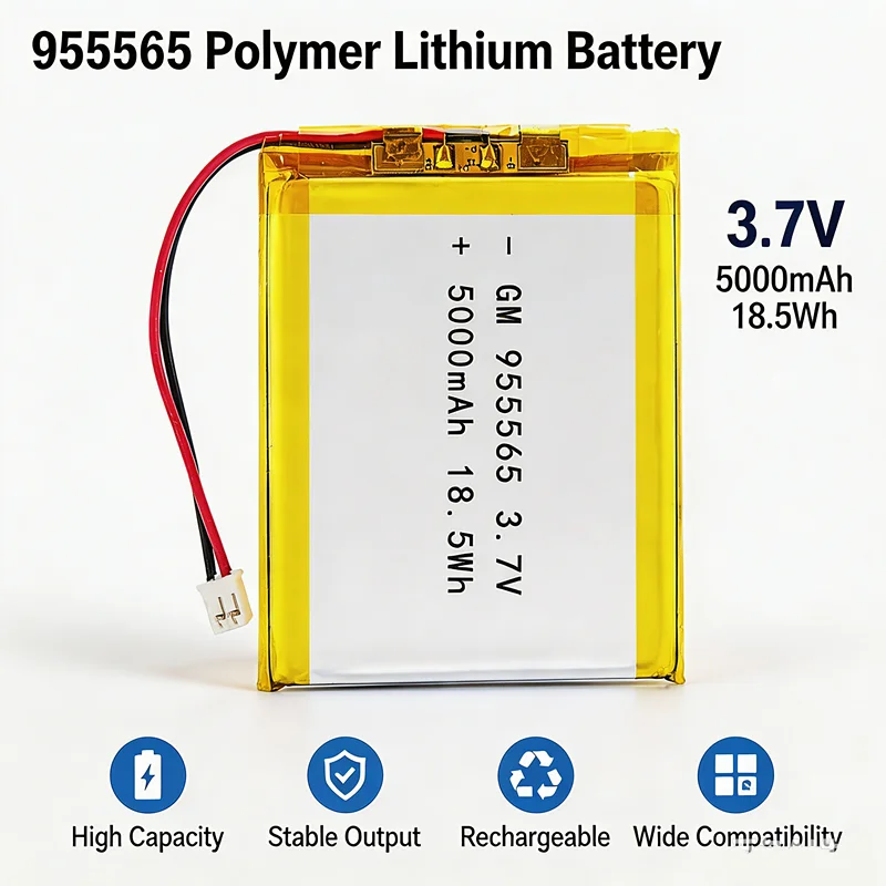 955565 3.7V 5000mAh LiPo Battery Rechargeable Polymer Lithium Cell PH2.0 2Pin Plug for Smart Home GPS Tracker DIY Power Bank