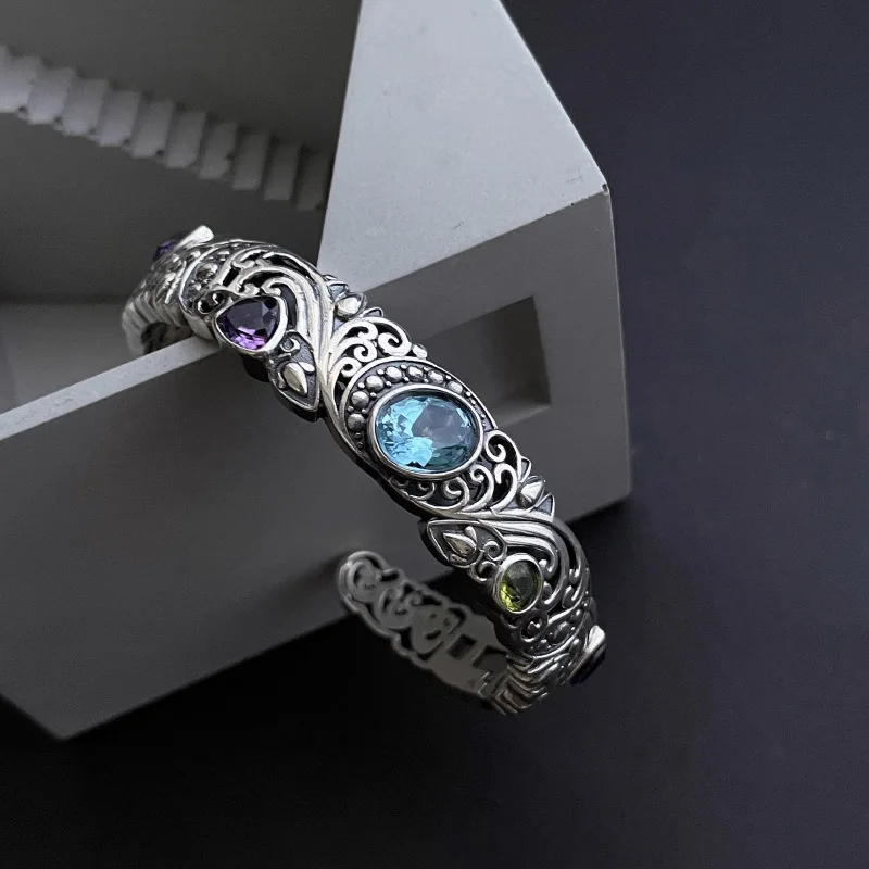 

Retro Blue Topaz Bracelet for Men Women Hollowed Carved Fashion Vintage Style Exquisite Personalized 925 Silver Bangle Versatile