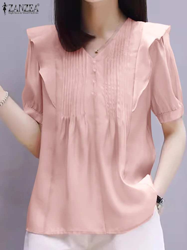 ZANZEA-Blusa plisada de manga corta con cuello en V para verano, camisa de estilo coreano con volantes, color liso, 2024