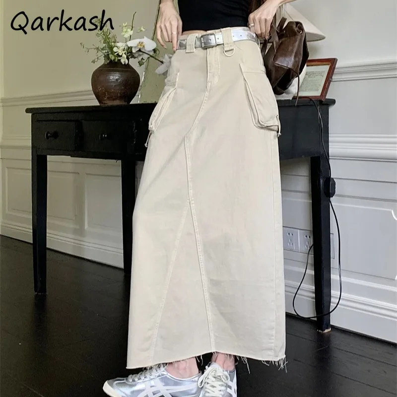 

Skirts for Women Vintage American Design Niche Drawstring Pocket Workwear Summer New Slit Ankle Length Slim Fashion Temperament