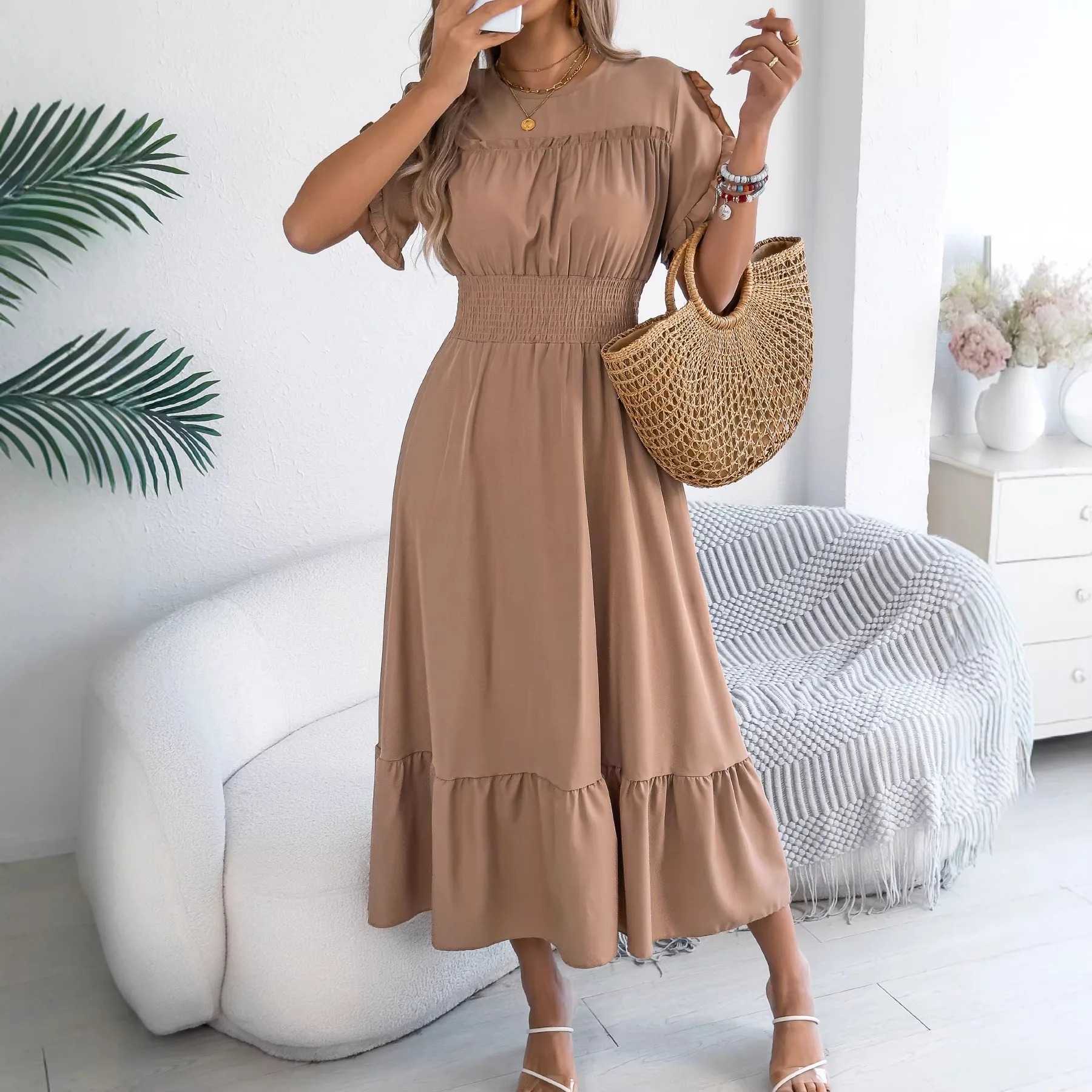 

Women Dress Streetwear 2026 Summer Short Sleeved Waist Cinched Long Dress for Women's Clothing L