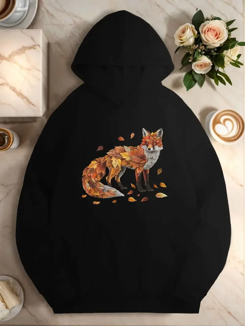 

Plus Size Women's Hooded Sweatshirt With Geometric Fox Autumn Design Casual Polyester Knit Fabric Hoodie Front Pocket Detail