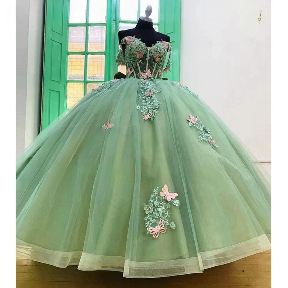 Mint Green Quinceanera Dresses Ball Gown Off The Shoulder Tulle Appliques Sweet 16 Dresses 15 Años Mexican Customized