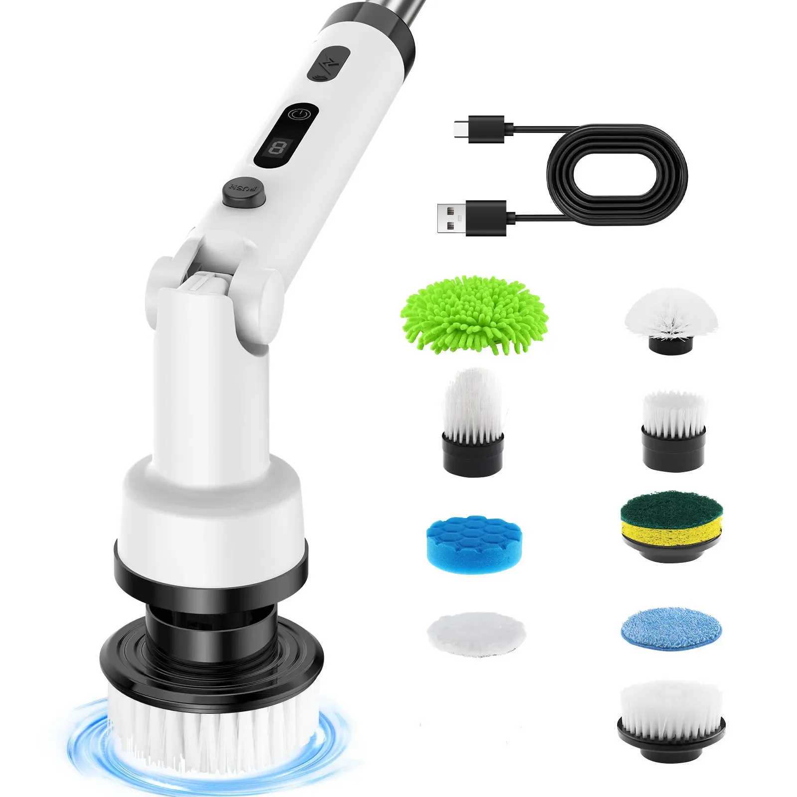 Electric Spin Scrubber Cordless Cleaning Brush with 9 Replaceable Brush Heads Adjustable Handle for Bathroom Floor Tile Kitchen