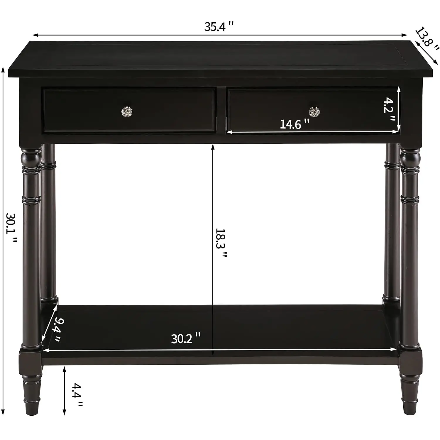 Solid Wood Console Table With Drawers & Storage Shelf, 35.4