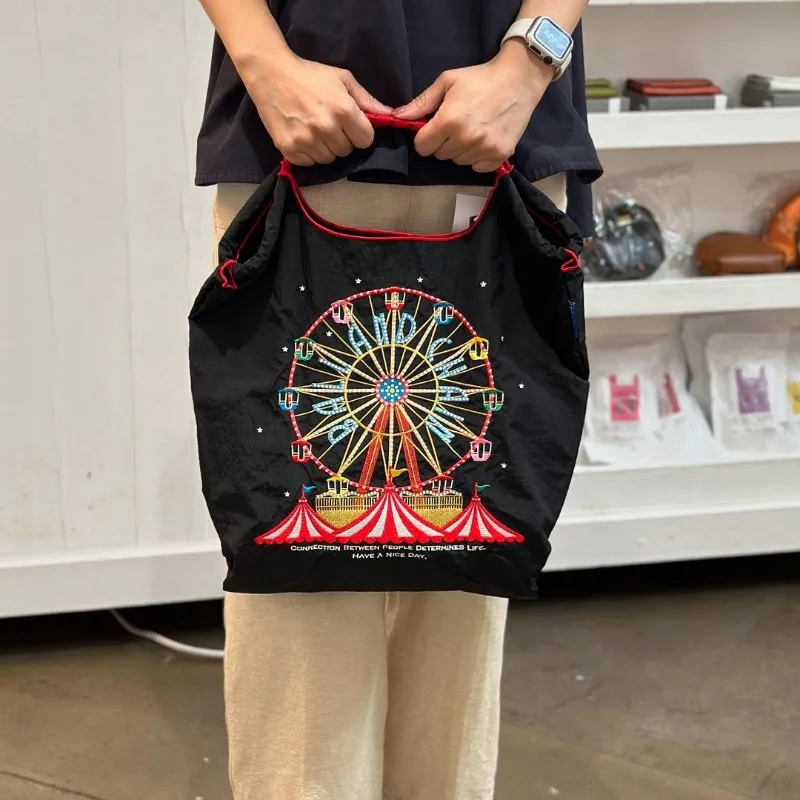 Korean-Japanese Ferris Wheel Embroidery Environmental Protection Cloth Bag Ballchain Nylon Hand Bill Shoulder Oblique Span Bag