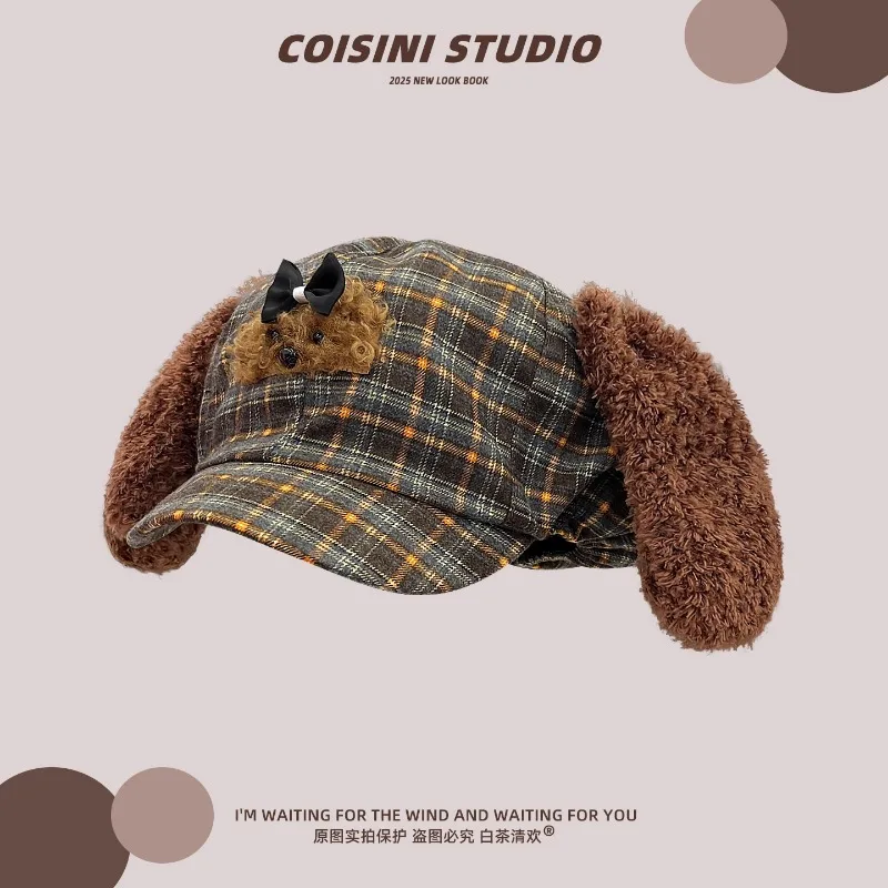 

Japanese Cartoon Plush Teddy Dog Ears Plaid Octagonal Newsboy Cap Women Spring and Autumn Cute Warm Literary Curved Brim Beret
