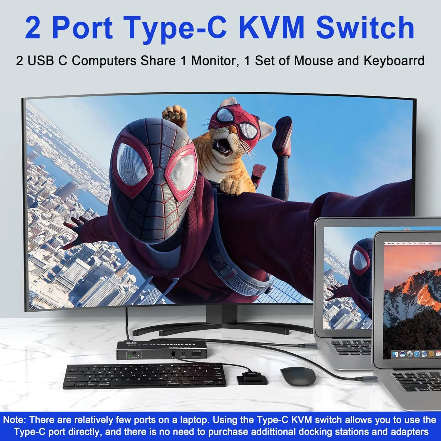 Type-C KVM Switcher 2x1 4K 60Hz USB C to HDMI USB KVM Switch 2 in 1 out Support PD Charging for 2 Computer Share Mouse Keyboard