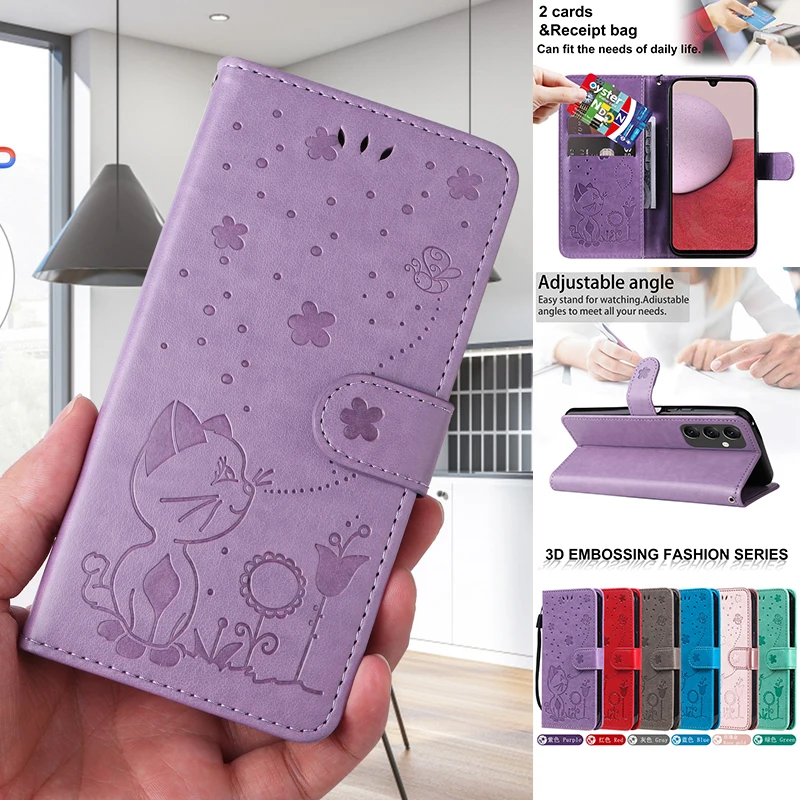 Wallet Cat Bee Flip Leather Case For Samsung Galaxy A04s A13 A14 A23 A32 A33 A34 A51 A52 A53 A54 S23 Ultra S22 S21 Plus S20 FE