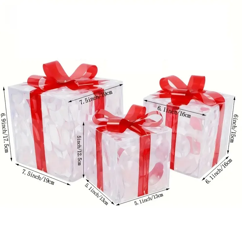 3Pcs/Set PVC Christmas Gift Box Set Luminous Folding Christmas Lighting Box with Bow Ribbon Christmas Glowing Decoration Outdoor