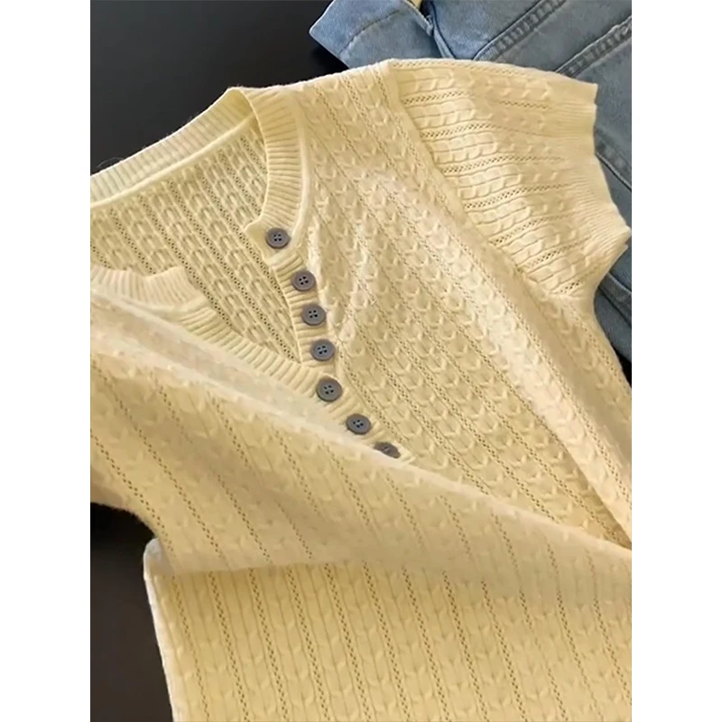 Doce Coreano Sle Amarelo Malha Or Sve Camiseta Feminina Faionable Versátil Top Verão Novo Design Rodada Ne Regular...