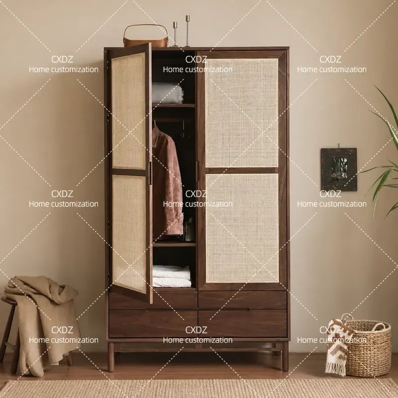 Nordic Simple Solid Wood Wardrobe Household Rattan Storage Double Door Cabinet Cherry Wood Bedroom Large Locker Closet
