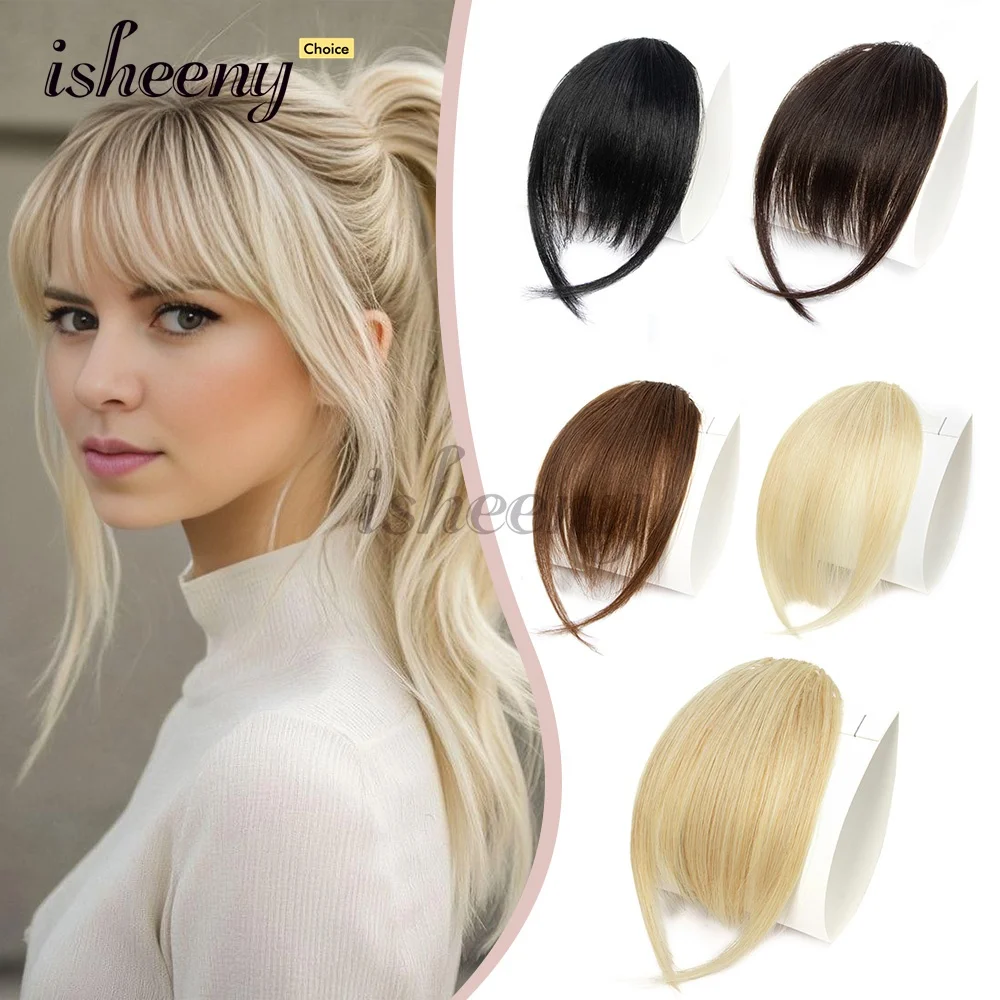 Isheeny One Clip In Human Hair Bangs Straight Hair Piece French Bangs for Women Easy to Wear and Remove Hairpiece Thin Hair