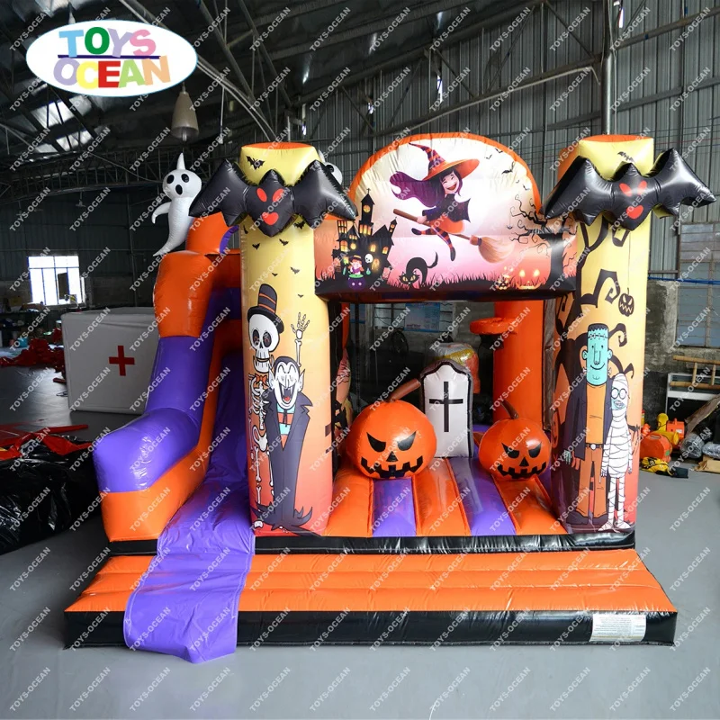 Custom Commercial PVC Inflatable Bounce House Combo with Slide Halloween Pumpkin Castle Design Kids' Toy with Blower Shipped Sea