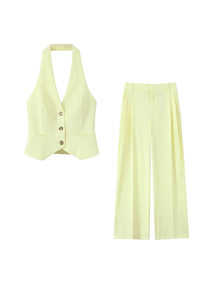 

SIYANG Women Fashion 2 Piece Set Yellow Single Breasted Tank Tops & Vintage Front Zipper Trousers Female Chic Lady Pants Suit