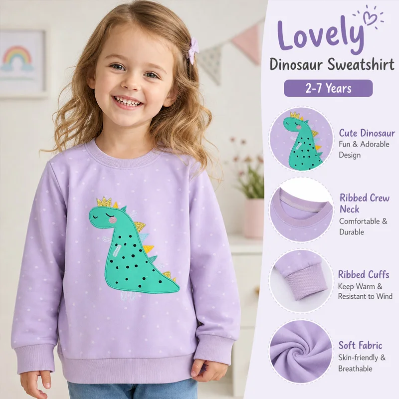 Little Hand Toddler Girl Sweatshirt Cotton Crewneck Clothing Dinosaur Pullover Top for 2‑7Y Everyday Wear School Outdoor Play