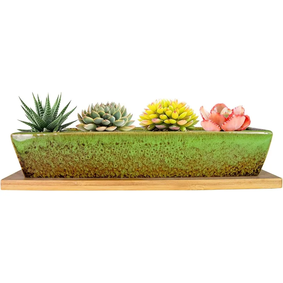 

Succulent Pots 9.8 Inch Ceramic Succulent Planters with Drainage Small Bonsai Pot with Bamboo Tray Mini Cactus Flower Planter P