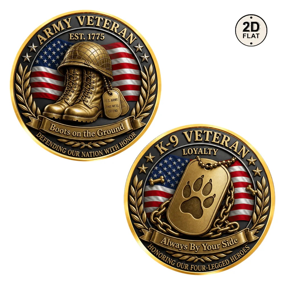 1pc 2D Print Patriotic K9 Veteran Metal Challenge Coin Military Boots & Dog Paw Dog Tag Collectible Medal Honor Keepsake Gifts