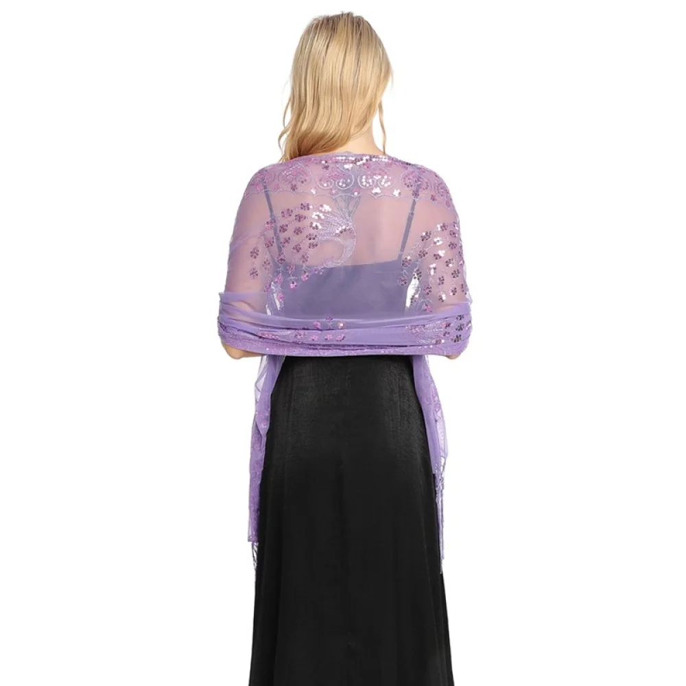 Sequin Tassel Wrap Peacock Embroidery Shawl Women Elegant Evening Party Dress Accessory Wedding Scarf Formal Cape