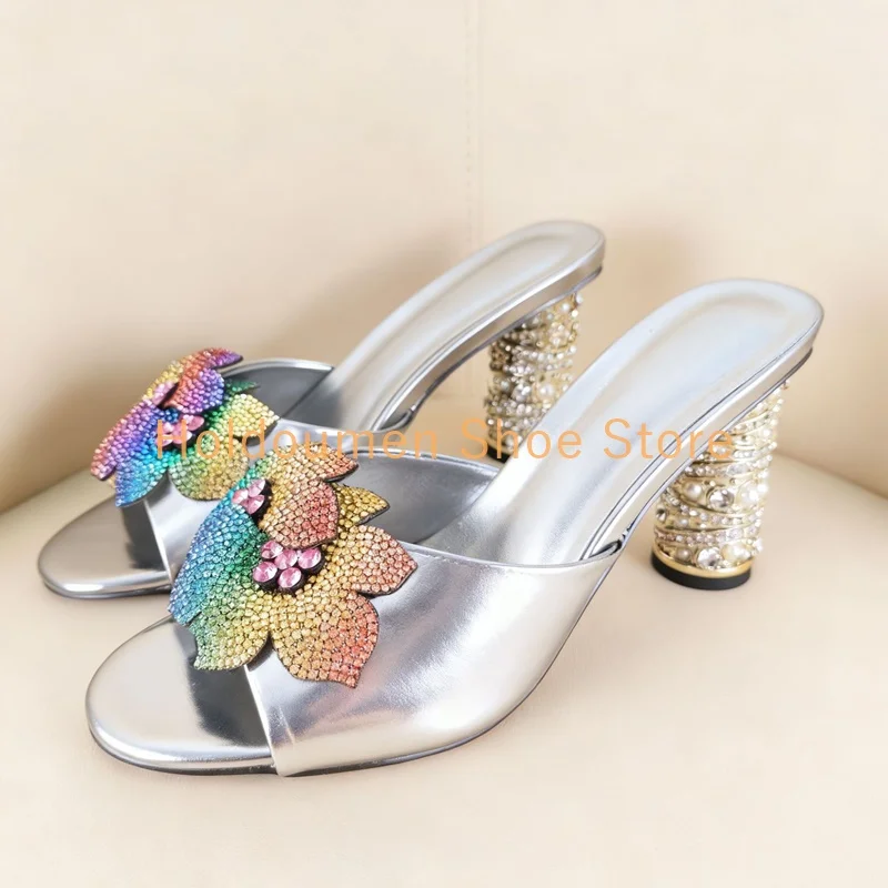 الملونة حجر الراين زهرة ديكور اللمحة تو الصيف شباشب على الموضة الفاخرة الماس رصع كعب مستدير الانزلاق على كسول البغل النعال #3