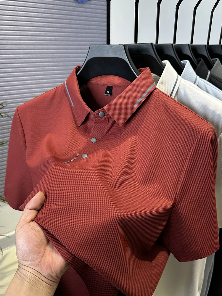

High end ice silk short sleeved T-shirt for men, new men's clothing for business and leisure, polo shirt, solid color slit top