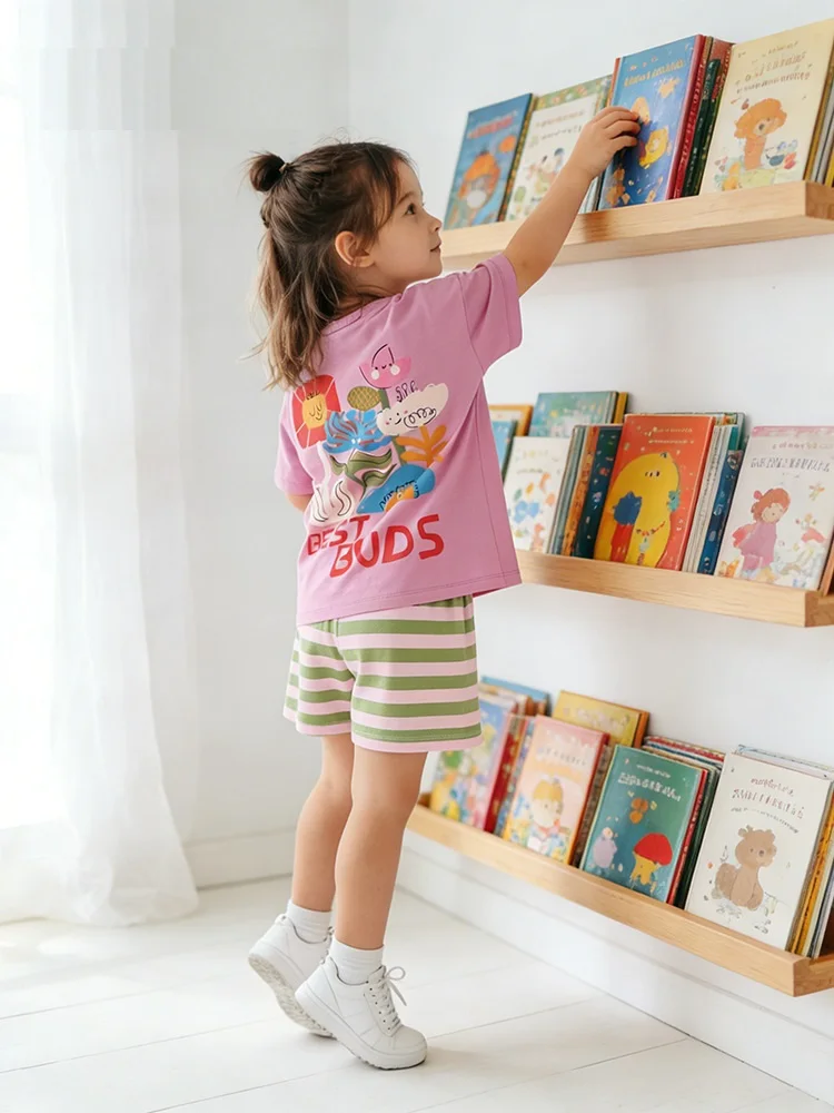 

Summer Baby Girls Cotton Print Pink O-Neck Short Sleeve T-Shirt + Striped Shorts Set Kid 2PCS Tracksuit Children Outfit 2-12 Yr