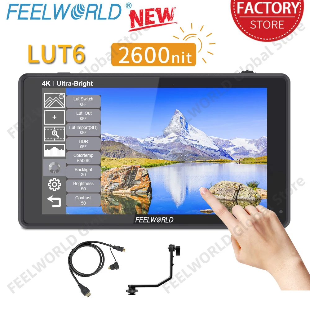 FEELWORLD LUT6 6 Inch 2600nit HDR 3D LUT Touch Screen DSLR Camera Field Monitor Waveform VectorScope 4K HDMI 1920X1080 IPS Panel