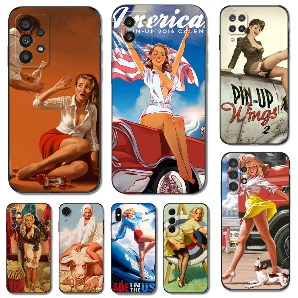 Black tpu Case For Samsung galaxy M53 M13 M62 A12 A22 A22S A32 A42 A52 A52S A72 4g 5g A20S Sexy Pin up Girl Vintege