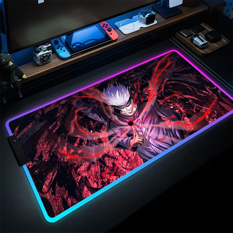 لوحة الماوس ملحقات الألعاب RGB لوحة مفاتيح الكمبيوتر ألعاب J-jujutsu K-kaisen Gojo Satoru Mousepad LED اليابان أنيمي سطح المكتب حصيرة