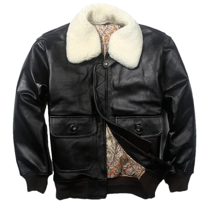 Black Winter Leather Jacket Men Military Style Europe Size Genuine Natural Thick Cowhide Wool Collar G1 Flight Coat