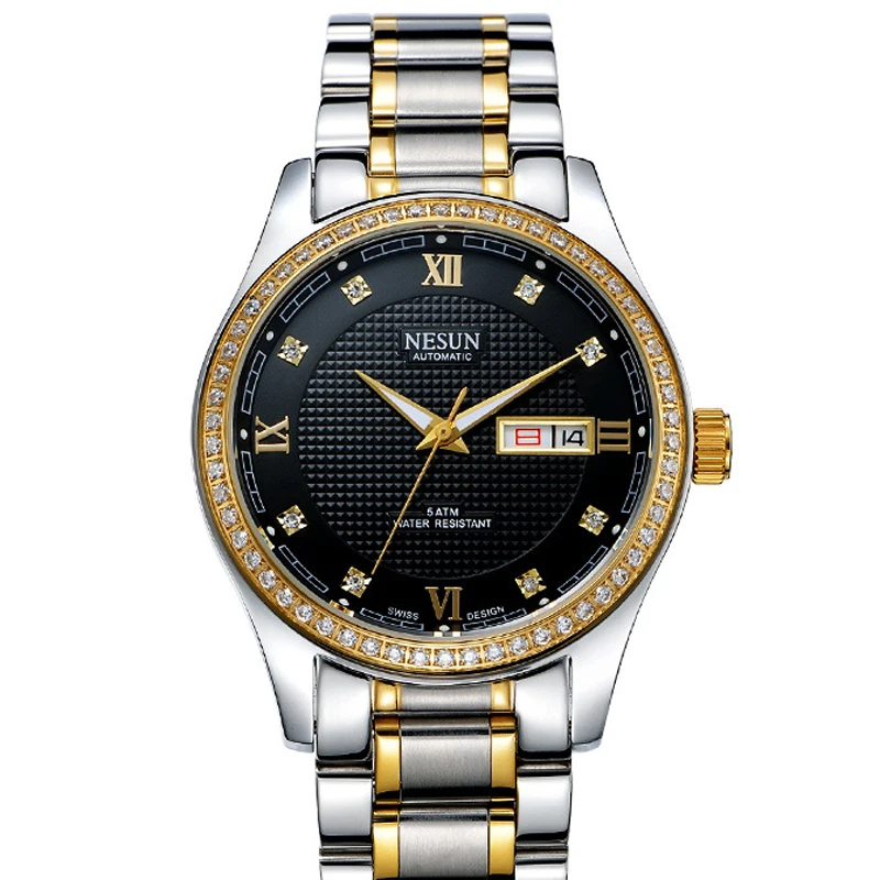 NESUN Luxury Switzerland Rhinestone Scales Automatic Mechanical Watch for Men Dual Calendar Luminous Waterproof Clock N9121-D