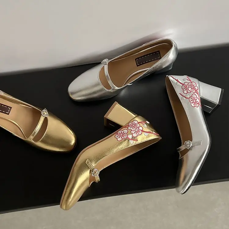 

Gold Leather Women Dress Pumps Printing Design Shallow Mary Jeans 2025 Silver Square High Heels Prom Party Chaussure Femininos