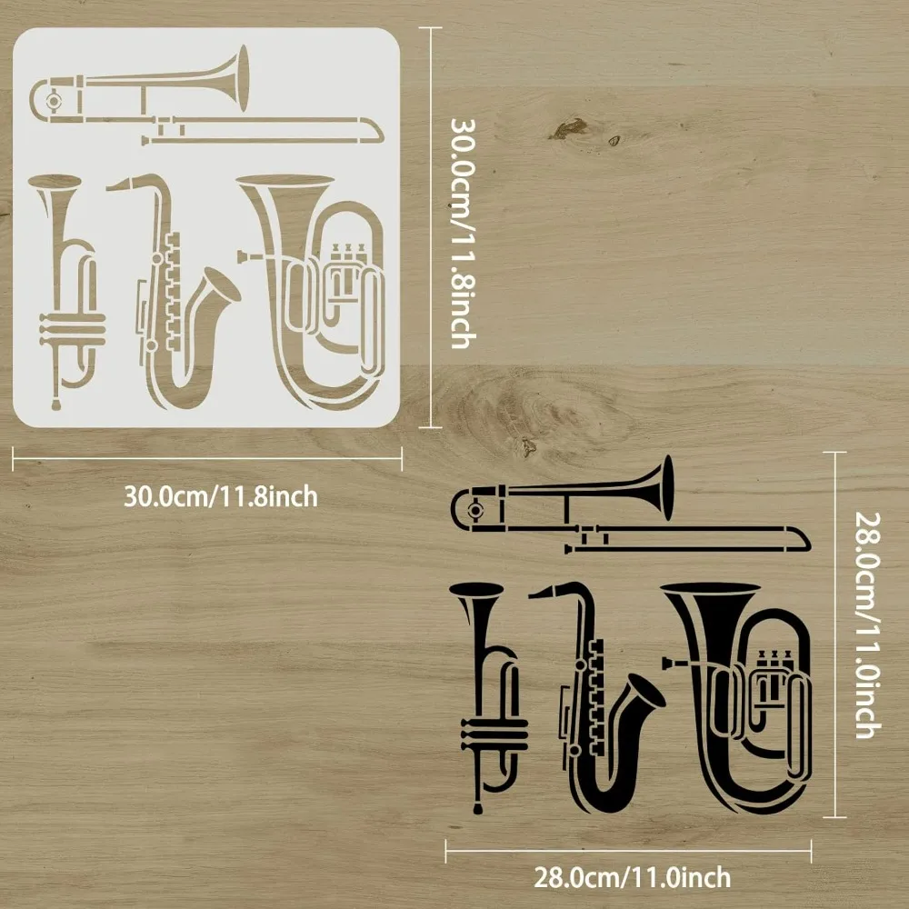 Wind Instrument Stencil 11.8x11.8inch Reusable Saxophone, Trumpet, Tuba, Trombone Drawing Stencil Jazz Instruments Music Stencil