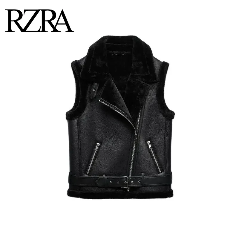 RZRA women\'s clothing 2024 autumn and winter new street style with belt imitation fur double-sided fabric vest cotton vest