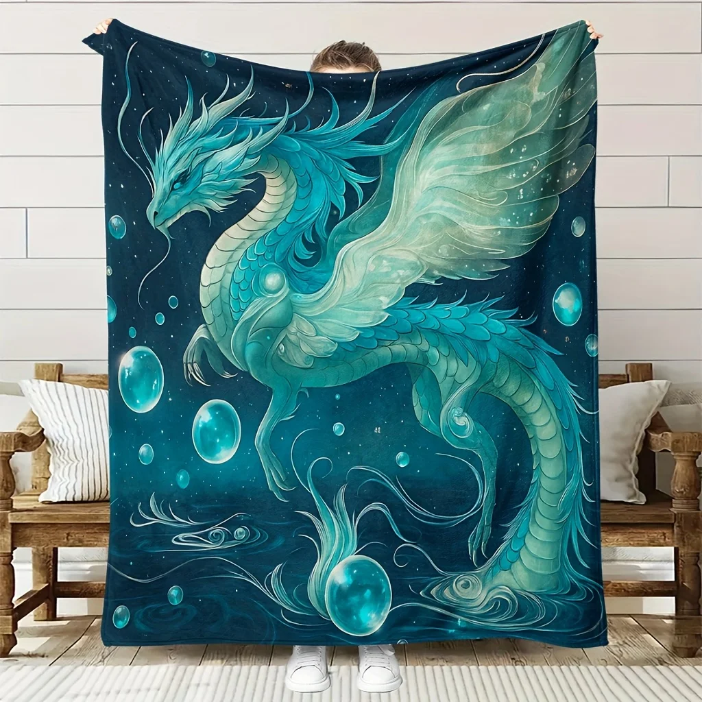 1pc Blue Flying Dragon Fantasy Quilted Blanket - Bohemian Style Cooling Bedspread, Soft Breathable  Polyester All-Season Bed