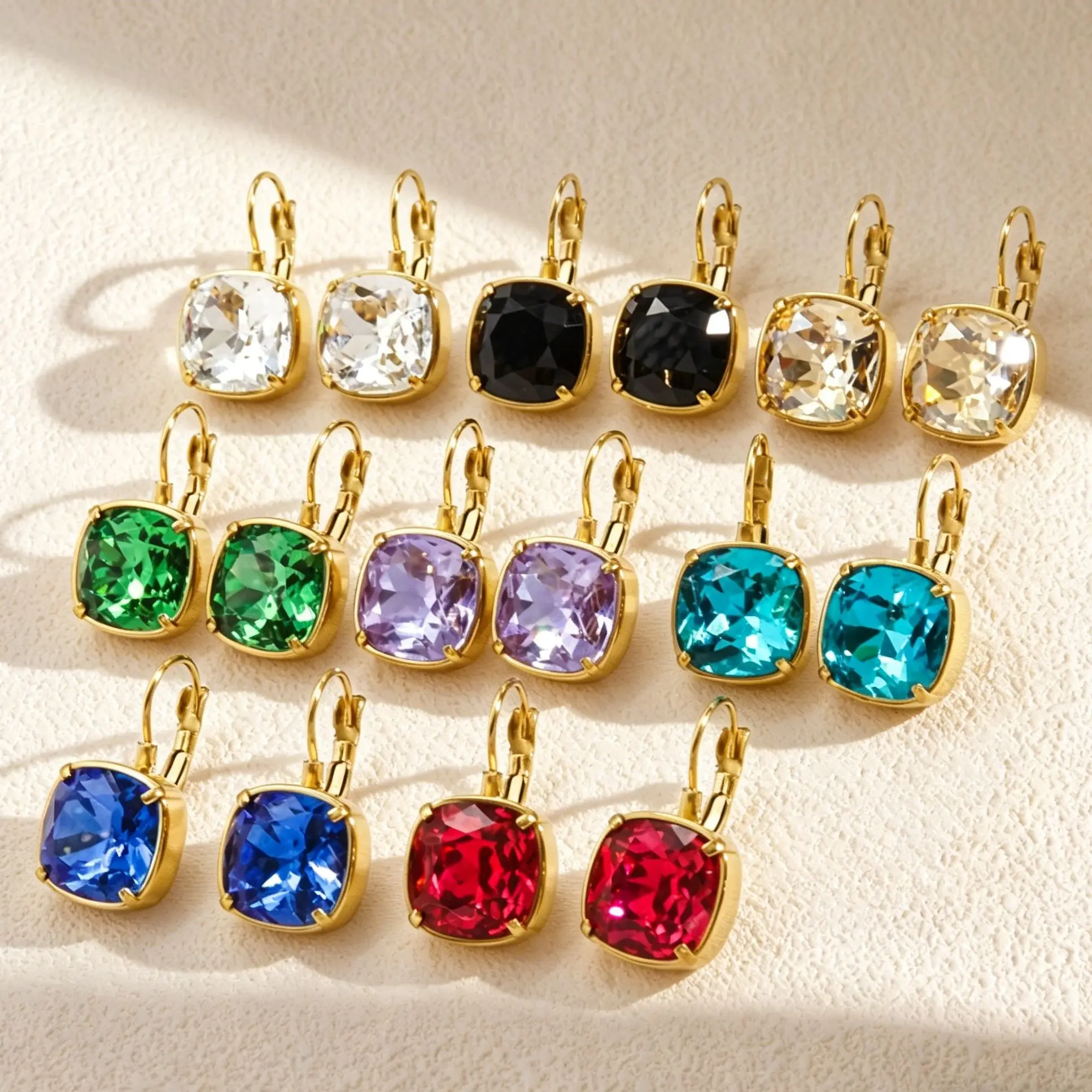 High-end Chic Gold Plated Stainless Steel Square Muti Color Zircon Crystal  Ear Buckle Fashion Design Women's Hoop Earrings