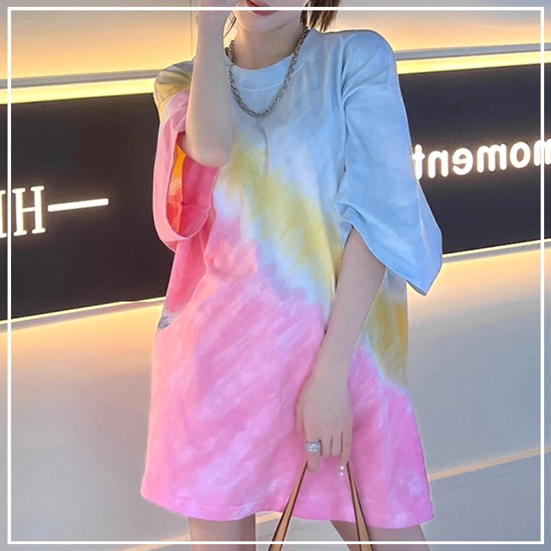 

2024 Summer Colour Loose Fitting Fashion Trend Design Versatile Tie Dyeing Printing Dazzling Cool Vivid Women's Clothing Tees