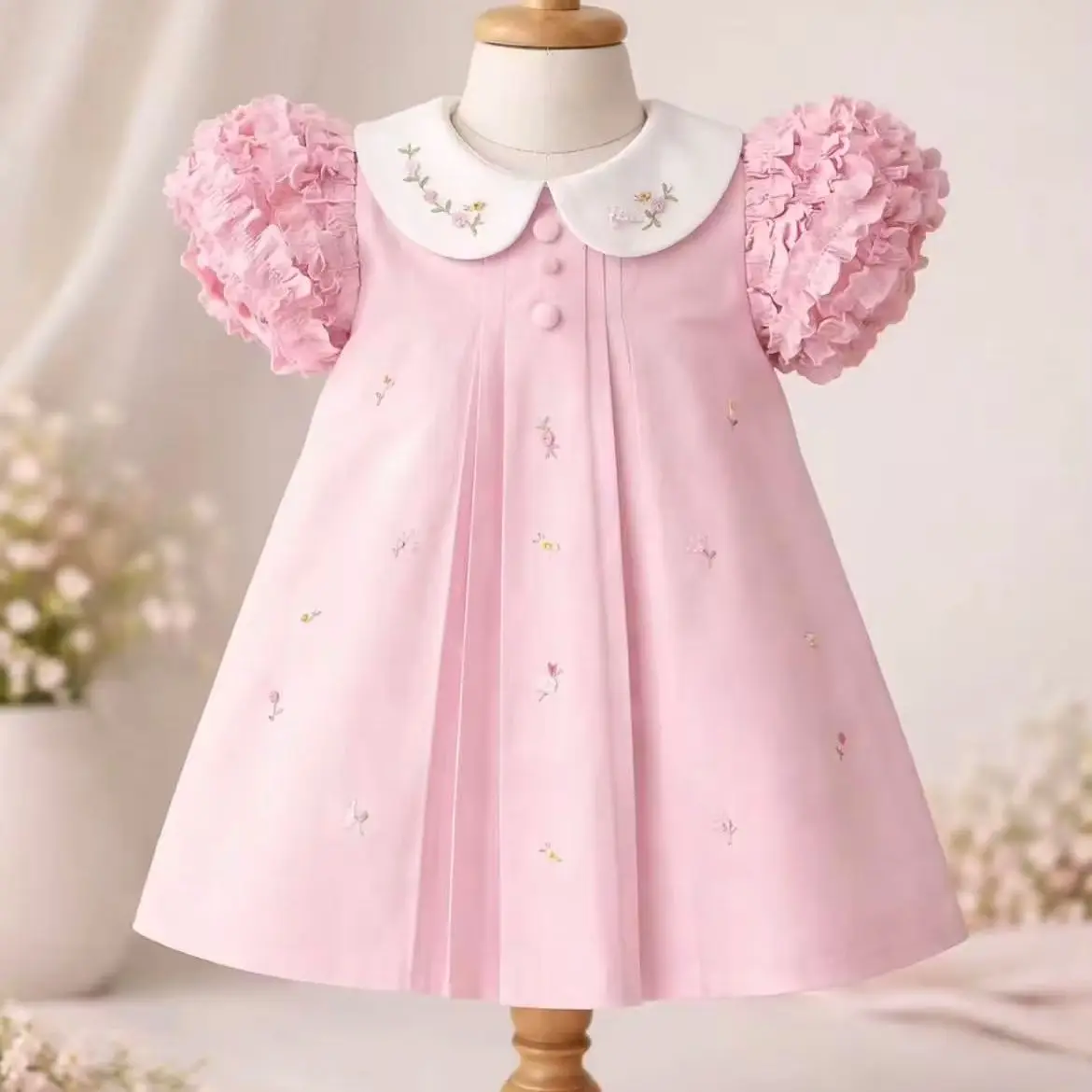 Baby Girl Summer Pink Floral Embroidery 3D Ruffle Puff Sleeve Dress for Birthday Party Photography Casual B710