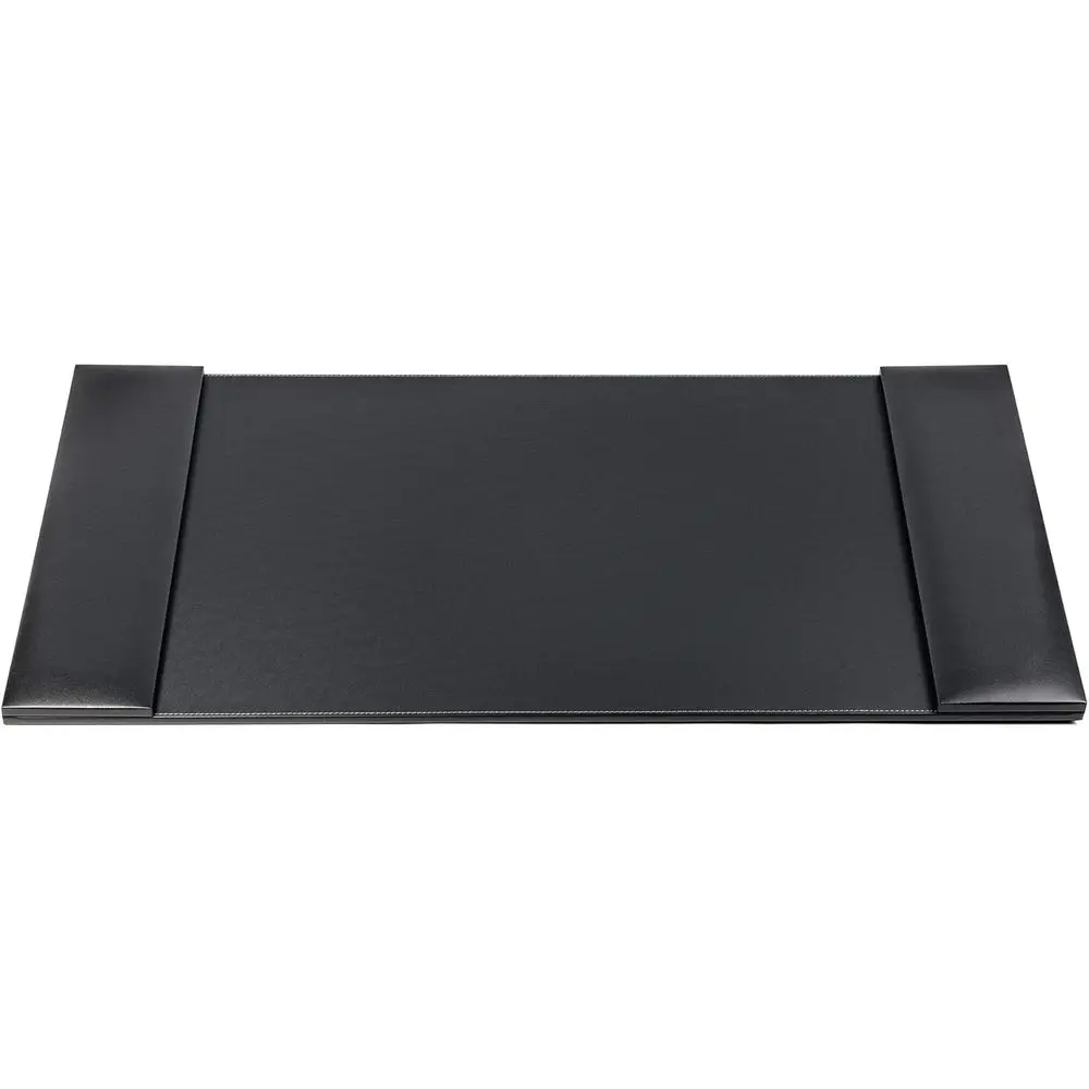 

Черный кожаный коврик для стола размером 34 x 20 дюймов с откидными боковыми направляющими.