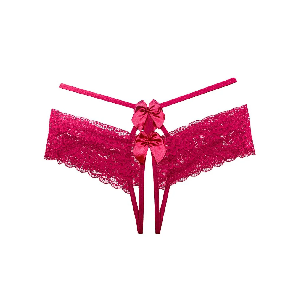 Hollow Out Panties Women Sexy Crotchless Solid Lace Underpants Temptation Bow Lace Up Erotic Lingerie See Through Lace Thongs