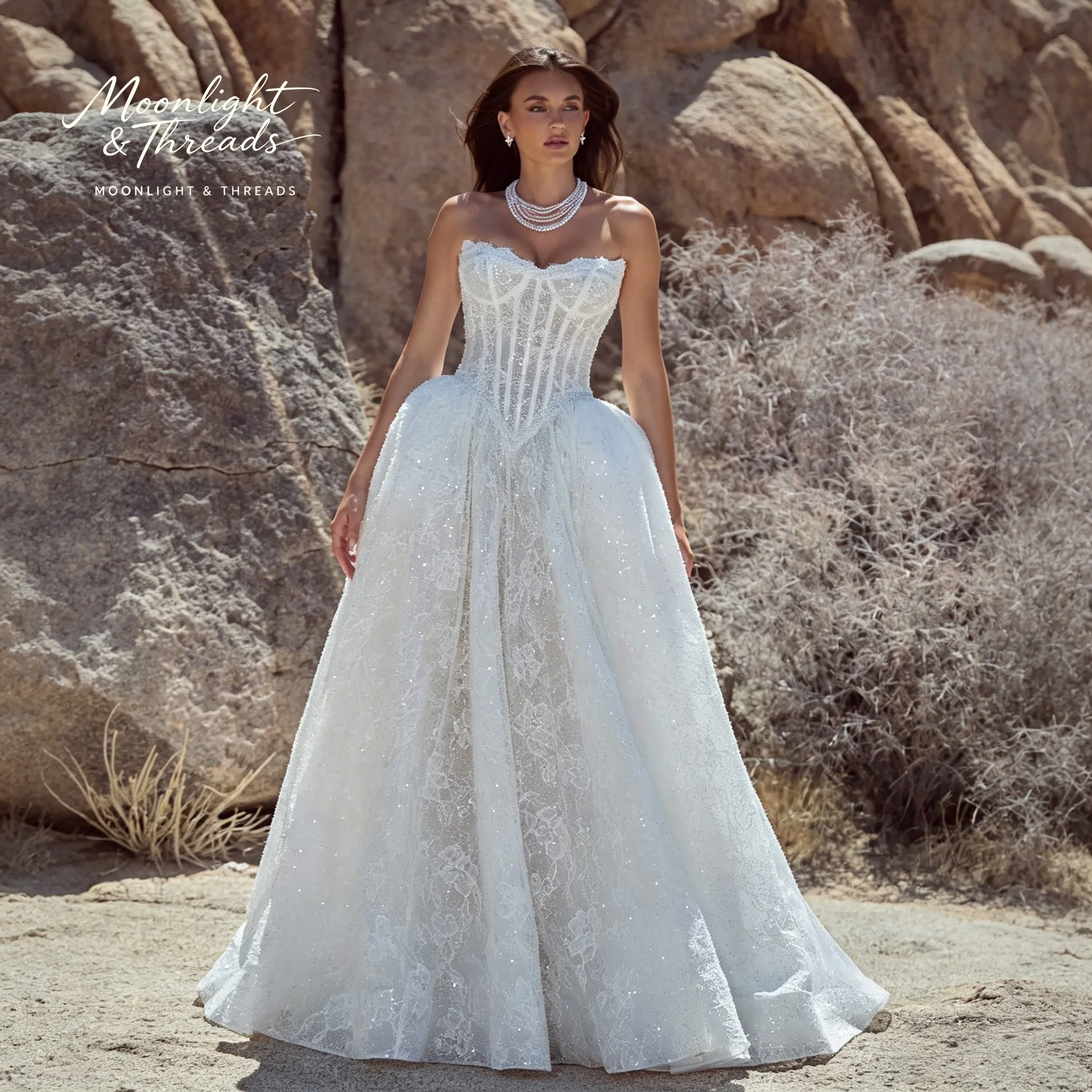 Stylish White Lace Strapless Sleeveless Floor-Length Formal Wedding Ball Gown with Boning Design