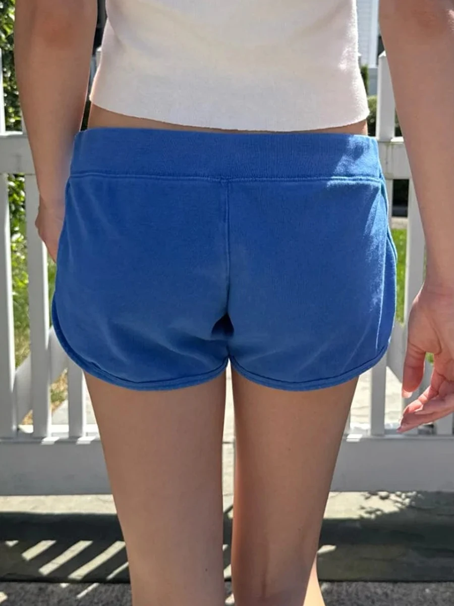 Damskie szorty sportowe w stylu vintage, niebieskie, ze sznurkiem, elastyczna talia, luźne, typu boxerki, streetwear, modne, codzienne, nowe.