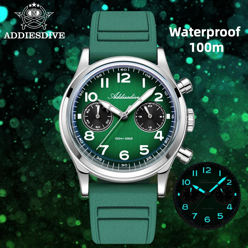 ADDIESDIVE Watches New Chronograph VK64 Quartz Wristwatch Dome Glass Super Luminous 100m Waterproof Fluororubber Strap Man Watch