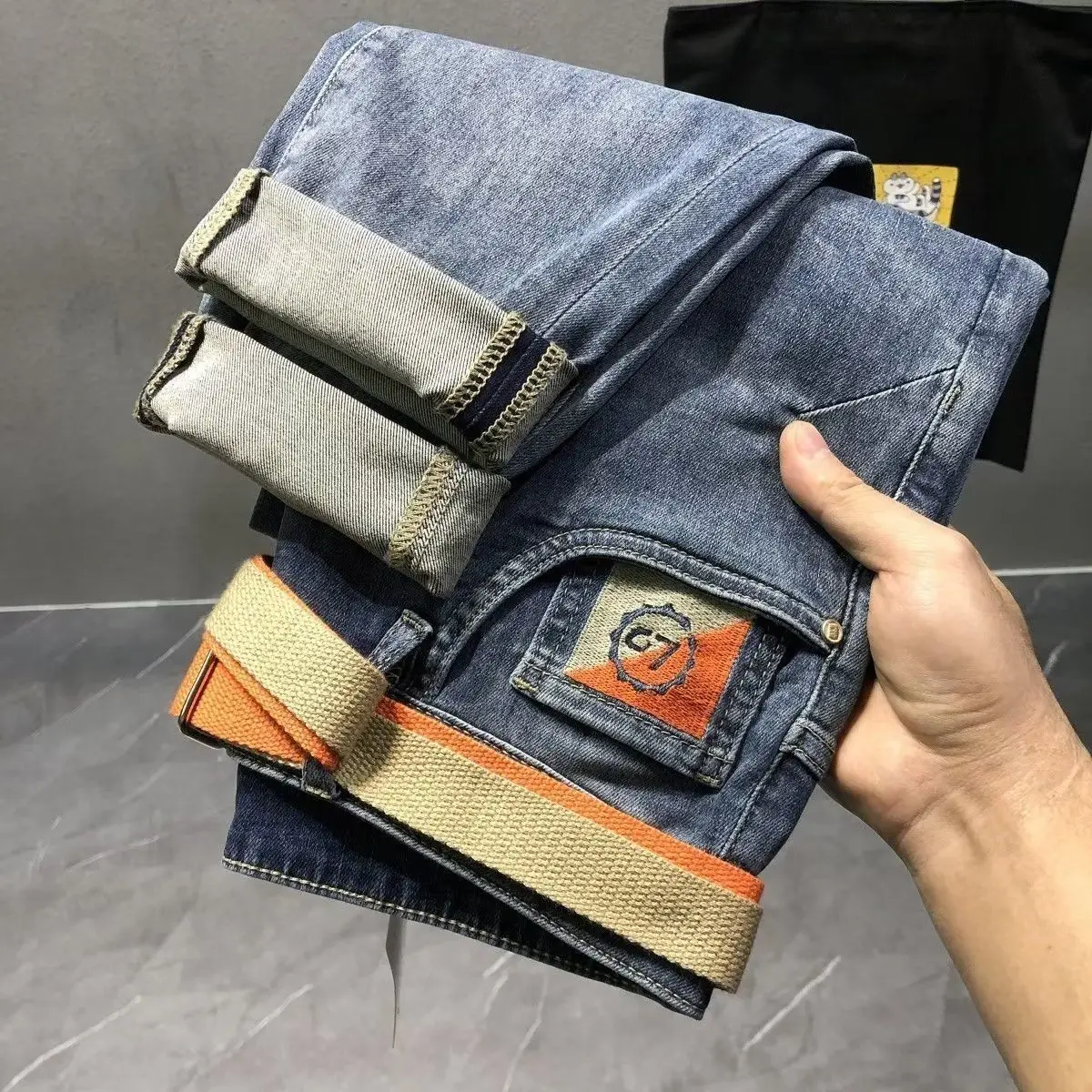 

Casual Embroidered Men's Jeans Elastic Trendy Loose Fit Straight Leg Cotton Polyester Blend Four Seasons Wear Youth Faion